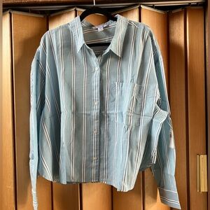 Old Navy (Size 3X) Blue Striped Cropped Button Down Cotton Shirt Casual Resort